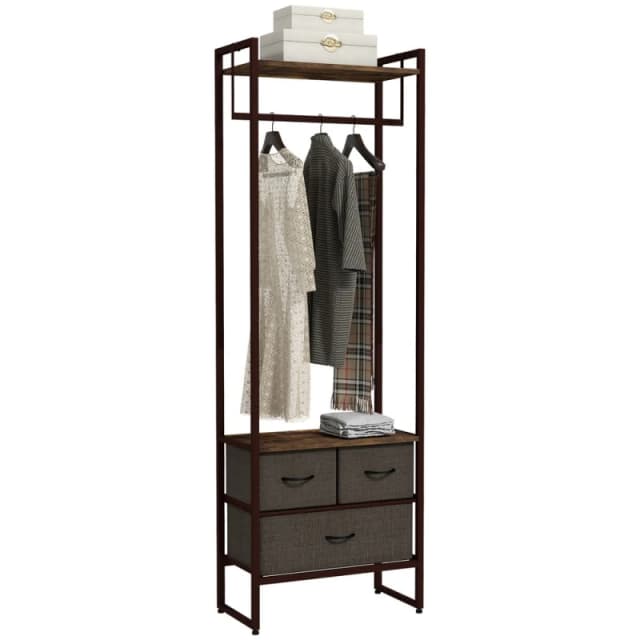 HOMCOM Free Standing Clothes Rail Garment Rack with 3 Fabric Drawers Brown