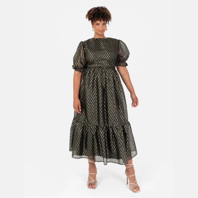 Lovedrobe Lovedrobe Metallic Zig-Zag Tie-Back Midi Dress Gold female 10 (S)