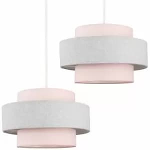 2 x Ceiling Pendant Light Shades In A Pink & Grey Herringbone Finish