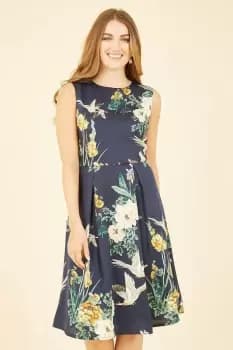 Navy Crane Print Skater Dress