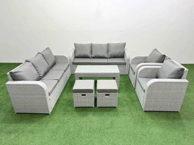 Fimous PE Rattan High Back Lounge Sofa Set Patio Oblong Coffee Table & Chairs Set with 3 Seater Sofa Reclining Chair Stools Light Grey Light Grey