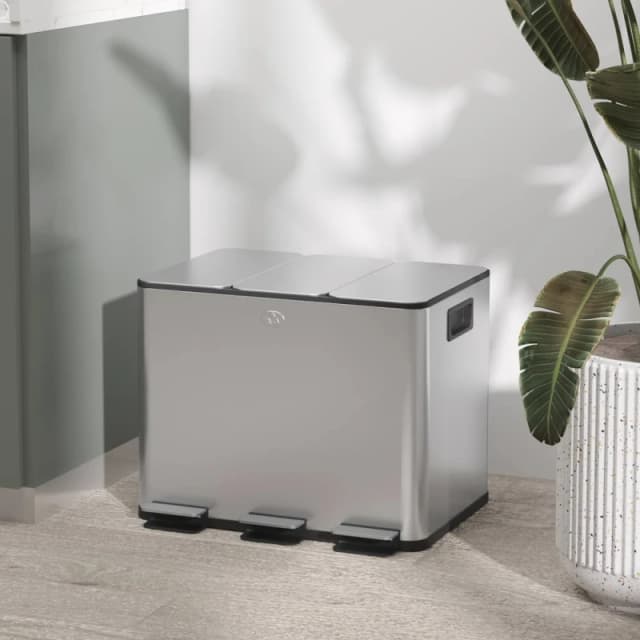 HOMCOM 3 x 20L Triple Kitchen Bin Pedal Bin for Recycling & Waste in Silver Silver Unisex