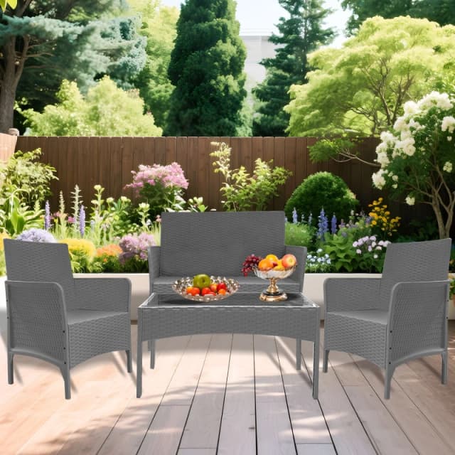 Alivio 4 Piece Rattan Furniture Set with Coffee Table for Indoor Outdoor Patio (Grey) in Grey Grey Unisex