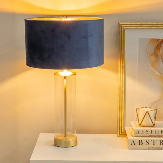ValueLights ValueLights Balan Glass with Gold Table Lamp and Velvet with Metallic Gold Inner Shade in Dark Navy Dark Navy One Size Unisex 505940606190