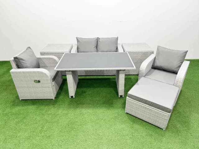 Fimous Outdoor Rattan Garden Furniture Dining Set 5-seater with 2 Side Table in Light Grey Light Grey Unisex