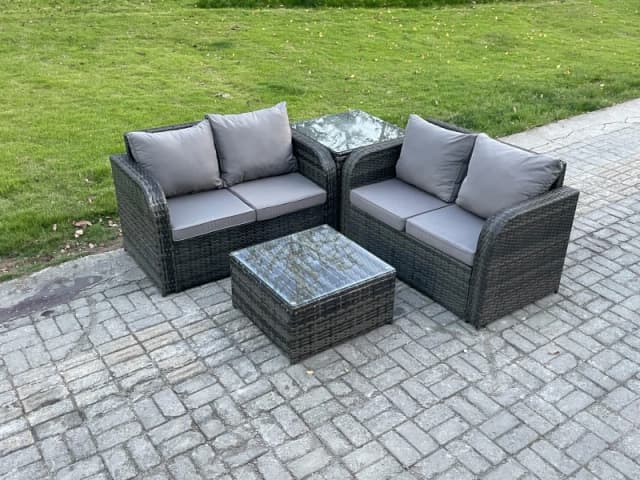 Fimous Rattan Sofa Set Outdoor Garden Furniture Set with Square Coffee Table Loveseat Sofa Side Table Dark Grey Mixed Dark Grey