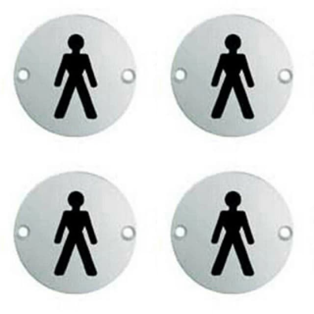 Loops 4x Bathroom Door Male Symbol Sign 64mm Fixing Centres 76mm Dia Polished Steel Metallics