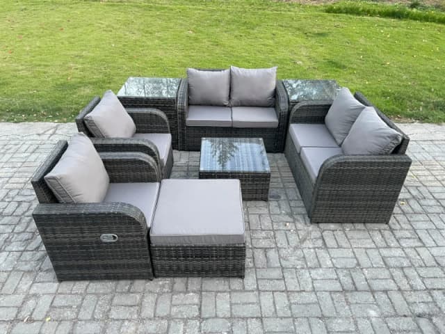 Fimous 7 Seater Rattan Sofa Set Outdoor Garden Furniture Set with Square Coffee Table Loveseat Sofa Reclining Chairs 2 Side Tables Big Footstool Dark