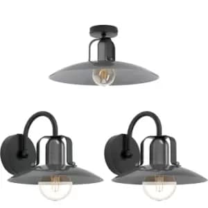Low Ceiling Light & 2x Matching Wall Lights Black Nickel Modern Dome Shade