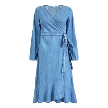 Yumi Blue Denim Wrap Dress With Long Sleeve - Blue