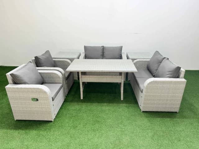 Fimous 6 Seater Outdoor Reclining Chair Love Sofa Set Rattan Garden Furniture Set with Rectangular Dining Table 2 Side Tables Light Grey Light Grey