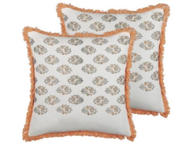 Beliani Set Of 2 Decorative Cushions Sativus Cotton 45 X 45cm Orange Floral Pattern