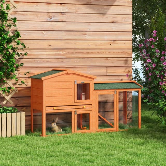 PawHut Wooden Rabbit Hutch with Run, Ramp, Slide-Out Tray - Pawhut 5056725532703