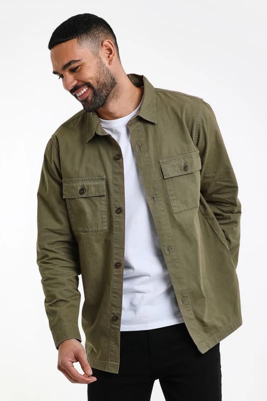 Threadbare 'Ministry' Lightweight Cotton Shacket Khaki