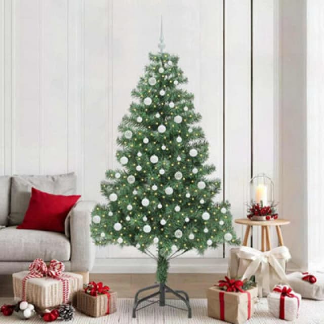 vidaXL Christmas Tree with 300 LEDs, White Balls with Stand Green 210cm PVC, Green 3396392
