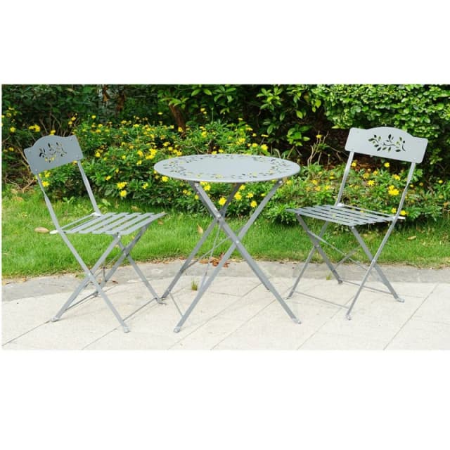 Gr8 Garden Grey Leaf 3 Pcs Metal Garden Outdoor Folding Chairs Table Bistro Furniture Set Grey
