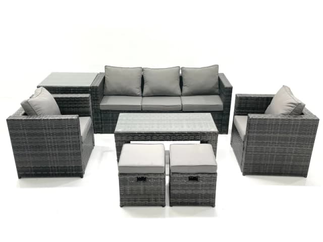 Fimous Rattan Garden Furniture Set Outdoor Lounger Sofa with Coffee Table 2 Armchair 2 Small Footstools Side Table Dark Grey Mixed Dark Grey
