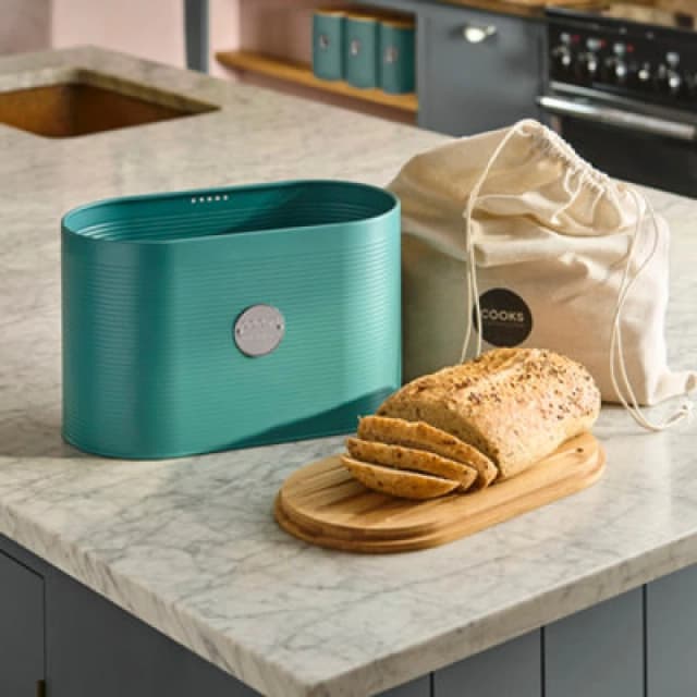 Cooks Professional Ribbed Bread Bin With Linen Bag & 2-In-1 Bamboo Cutting Board Lid - Teal & Silver