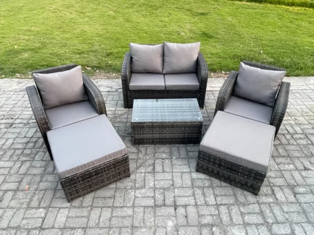 Fimous 6 Seater Garden Furniture Set Rattan Outdoor Lounge Sofa Chair With Tempered Glass Table 2 Big Footstool Dark Grey Mixed Dark Grey