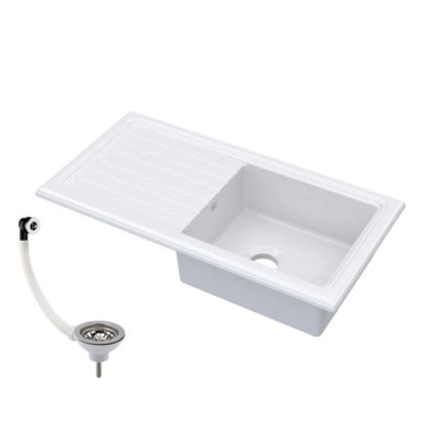 Balterley Single Bowl Fireclay Inset Kitchen Sink & Drainer, Waste, 1010mm White