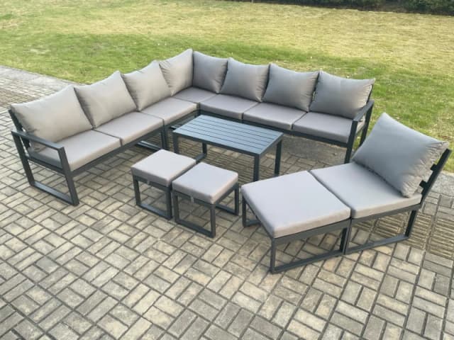 Fimous Aluminium 11 Seater Patio Outdoor Garden Furniture Lounge Corner Sofa Set with Oblong Coffee Table 3 Footstools Dark Grey Dark Grey Unisex