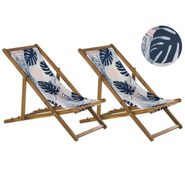 BELIANI Set of 2 Folding Deck Chairs ANZIO with Replacement Fabrics Floral Motif Acacia Wood Light Brown 311287