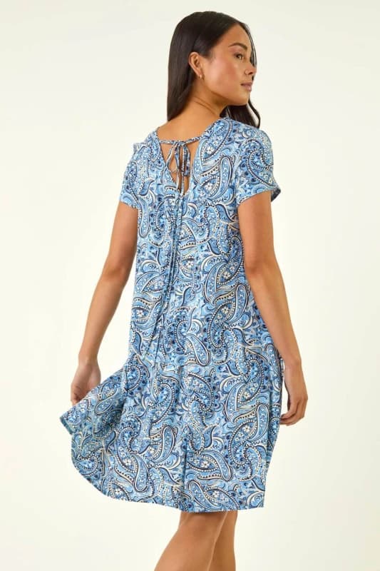 Roman Womens Petite Paisley Pocket Swing Dress in Blue Size: 10 Blue Female 10