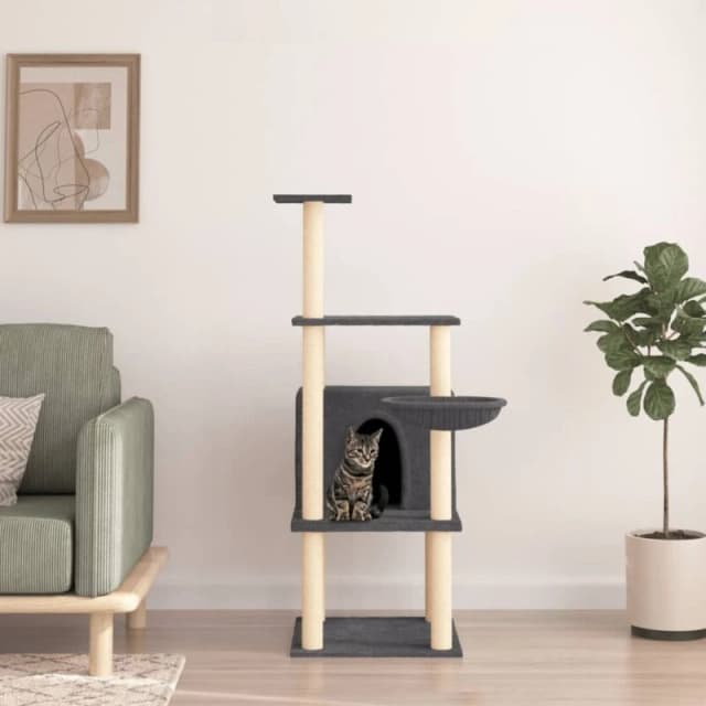 vidaXL Cat Tree w/ Sisal Scratching Posts Dark Grey 132cm, Grey 171728