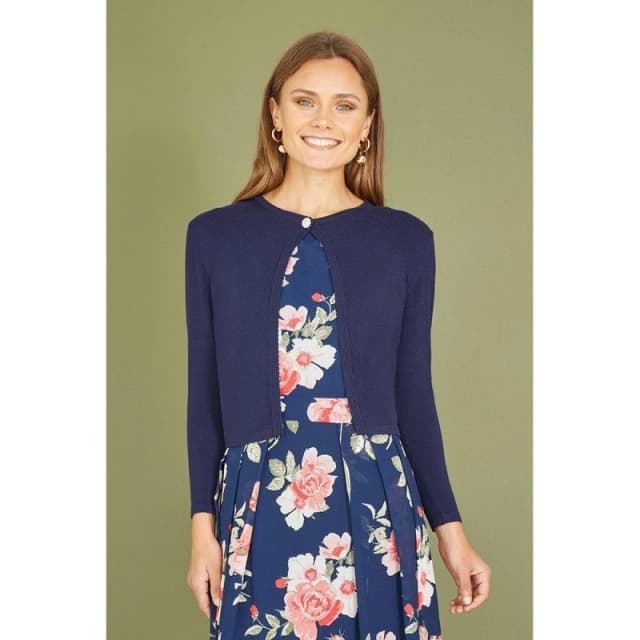 Yumi Navy Diamante Button Cropped Cardigan Navy female