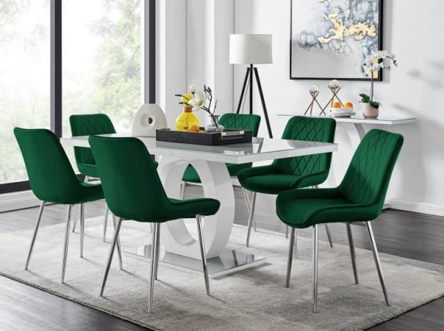 FurnitureboxUK Giovani 6-Seater Grey Glass Dining Table & 6 Pesaro Soft Velvet Dining Chairs in Green Green Unisex