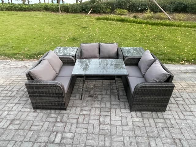 Fimous Rattan Garden Furniture Set 6 Seater Patio Outdoor Love Sofa Set with Rectangular Dining Table 2 Side Tables Dark Grey
