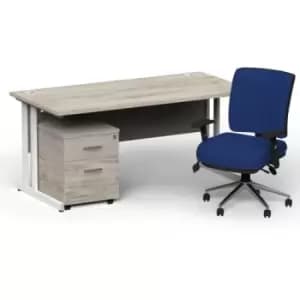 Impulse 1800 x 800 White Cant Office Desk Grey Oak + 2 Dr Mobile Ped & Chiro Med Back Blue W/Arms