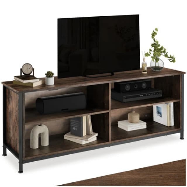 Tectake TV Stand Navan - 4 Open Compartments, 2 Adjustable Shelves, 4 Cable Cutouts 147cm - Industrial Wood Dark, Rustic