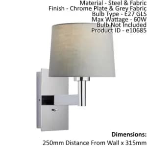 Wall Light & Shade Chrome Plate & Grey Fabric 60W E27 USB Socket e10685