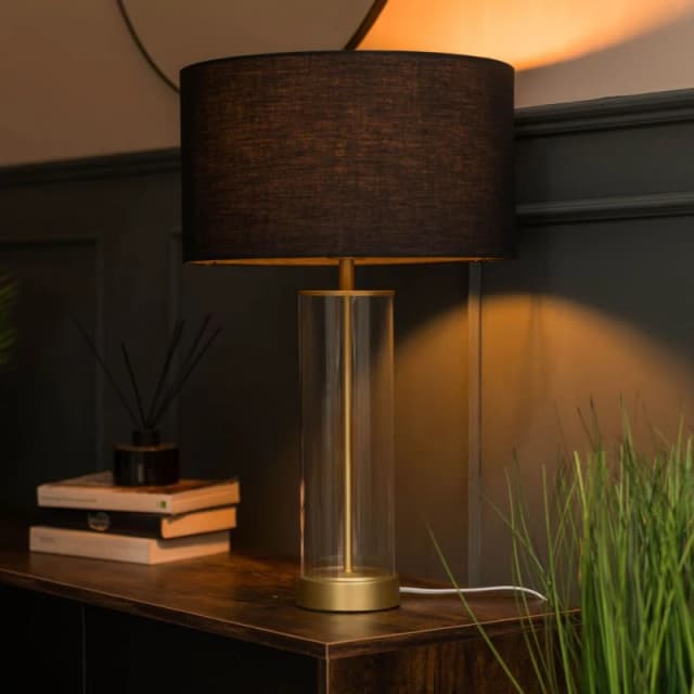 ValueLights Balan Glass and Matt Gold Table Lamp with Fabric Drum Lamp Shade and LED Bulb Black