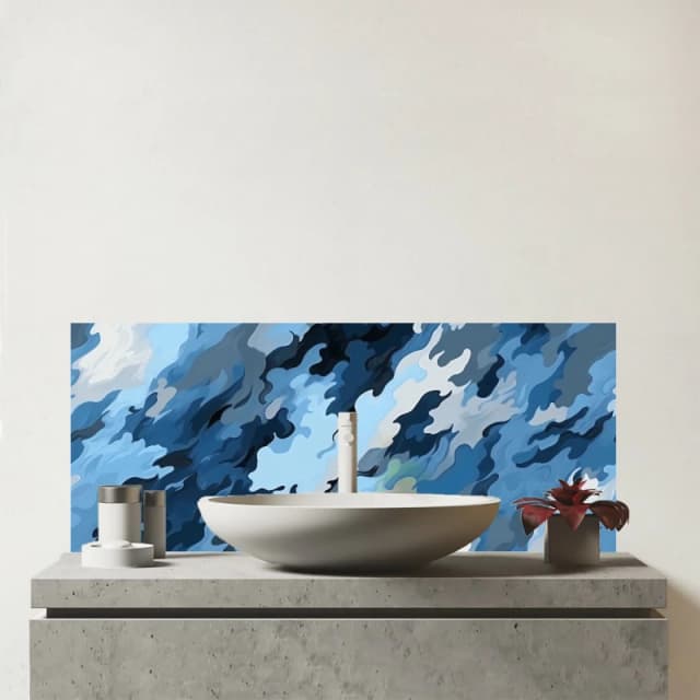 Warren Reed - Designer Blue & Grey Canvas Brushstrokes Glass Bathroom Splashback Blue Unisex