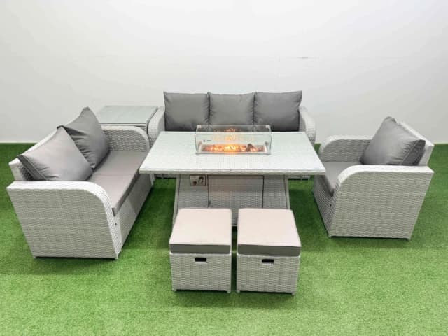 Fimous Patio PE Wicker 8 Seater Outdoor Rattan Furniture Sofa Sets with Firepit Dining Table Reclining Chair Loveseat Sofa 3 Seater Sofa Stool Side Ta