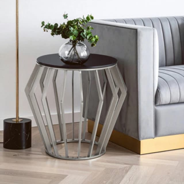 Orsina Modern Silver Round Table With Black Glass, Decent Silver Sidetable For Hallways, Elegant Bedside Table