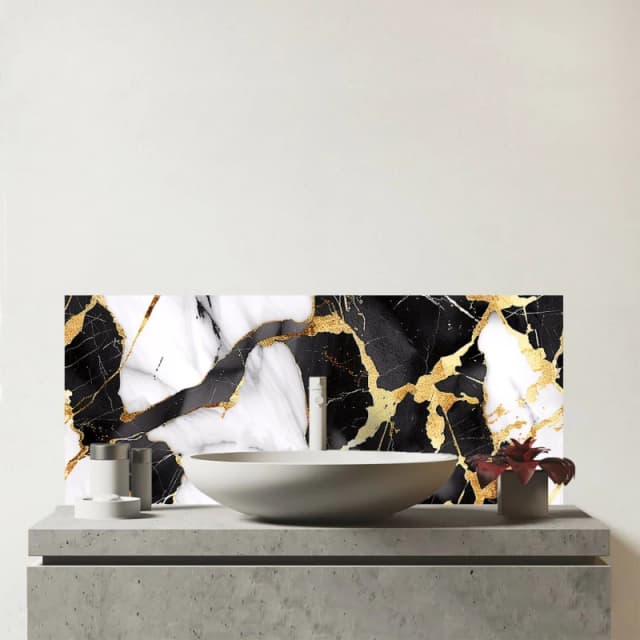 Warren Reed - Designer Gold & Black Marble Effect Glass Bathroom Splashback Gold Unisex