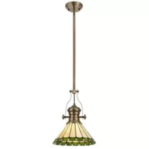 1 Light Telescopic Ceiling Pendant E27 With 30cm Tiffany Shade, Antique Brass, Green, Crystal - Luminosa Lighting