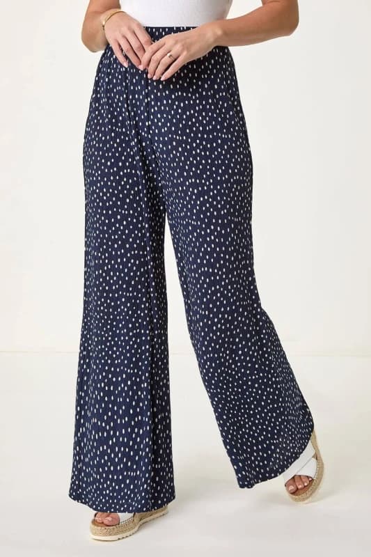 Roman Womens Petite Spot Print Crinkle Trouser in Navy Size: 8 Navy Female 8