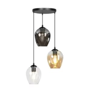 Istar Black Cluster Pendant Ceiling Light with Clear, Graphite, Amber Glass Shades, 3x E27