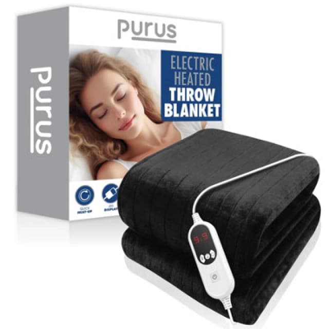 Purus Deluxe Black Xl Electric Throw Heated Double Over Electric Blanket Soft Fleece 9 Heat & 12 Timer Settings