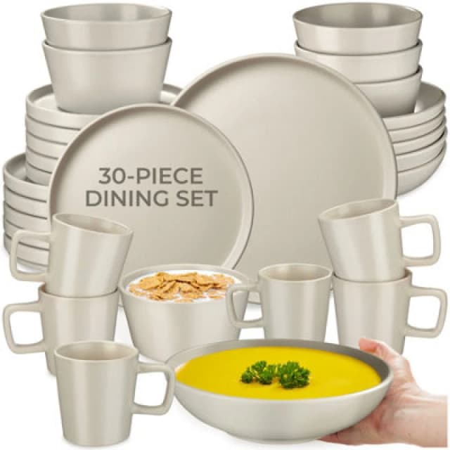 Tectake 30 PC Dinnerware Set Una - Dinner Set, Incl. Plates, Bowls And Mugs, For 6 People - Taupe