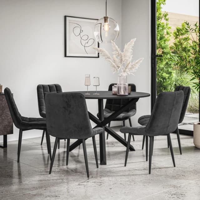 More4Homes Malvern Round Dining Table And Chairs - Black Table Top W Solid Black Oak Legs + Nova Velvet Dining Chair Set Of 6 (Black)