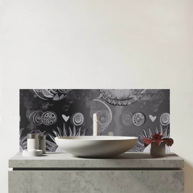 Warren Reed - Designer Black Grey Abstract Sun & Moon Glass Bathroom Splashback Grey Unisex
