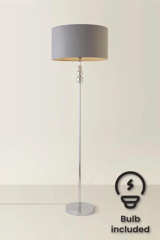 ValueLights Marissa Velvet Drum Shade with Chrome Stacked Ball Floor Lamp with LED Bulb Grey