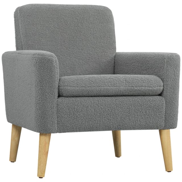 HOMCOM HOMCOM Modern Accent Chair with Wood Legs, Wide Seat, Teddy Armchair, Grey Grey Armchair Unisex 5063603047587