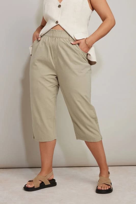 Yours Womens Cropped Cotton Trousers in Light Beige Size: 16 Light Beige Female 16