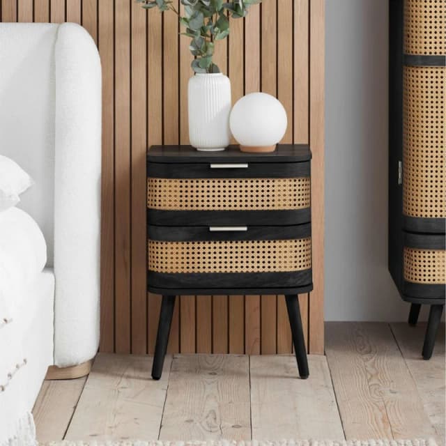 Birlea Noah Rattan and Black 2 Drawer Bedside Table